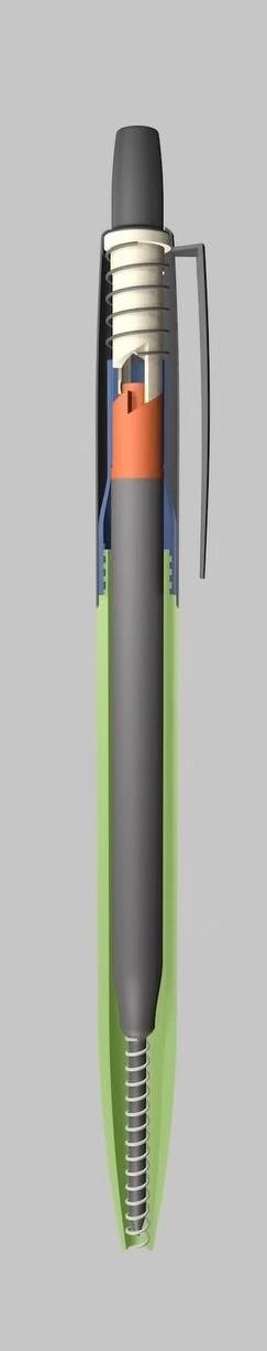 Cross-section of a click pen showing the button, spring, cam and refill