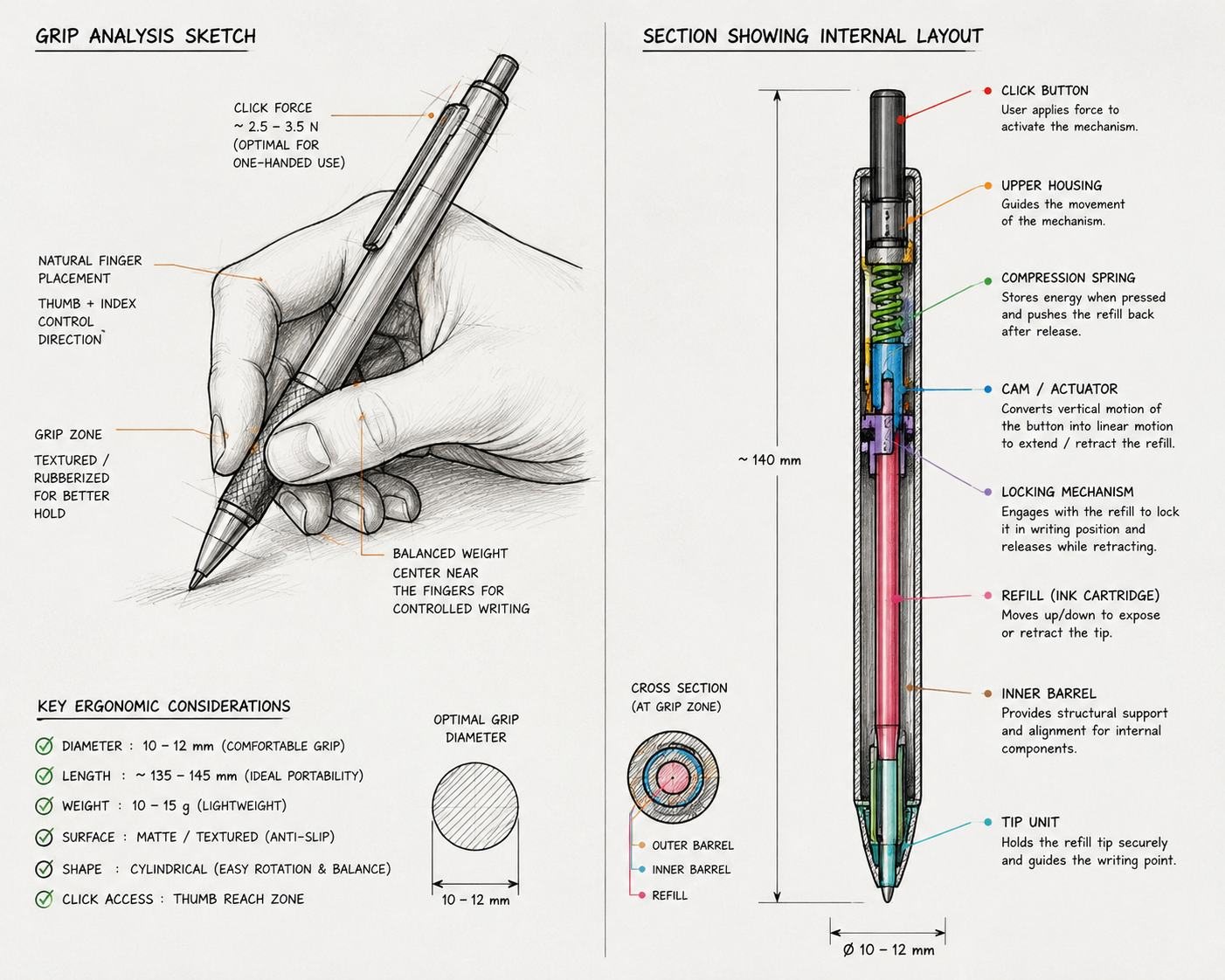Grip analysis sketch with a section showing the internal layout