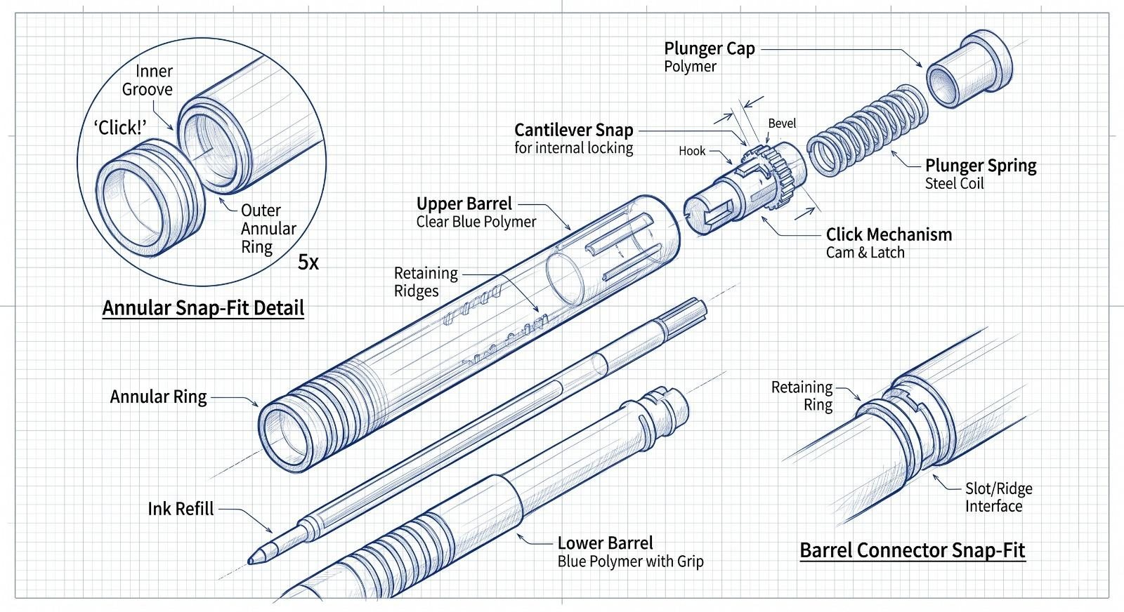 Technical sketch of snap fit joints on a pen barrel