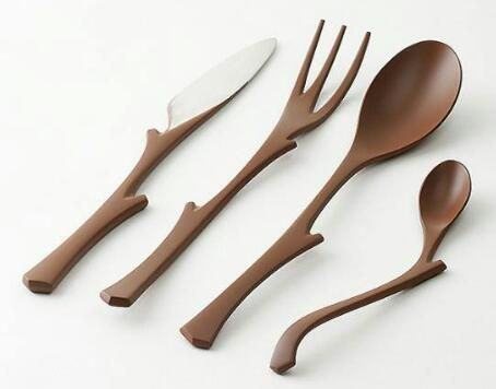 Wooden cutlery with branch-shaped handles