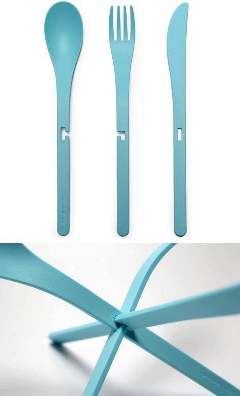 Teal moulded spoon, fork and knife