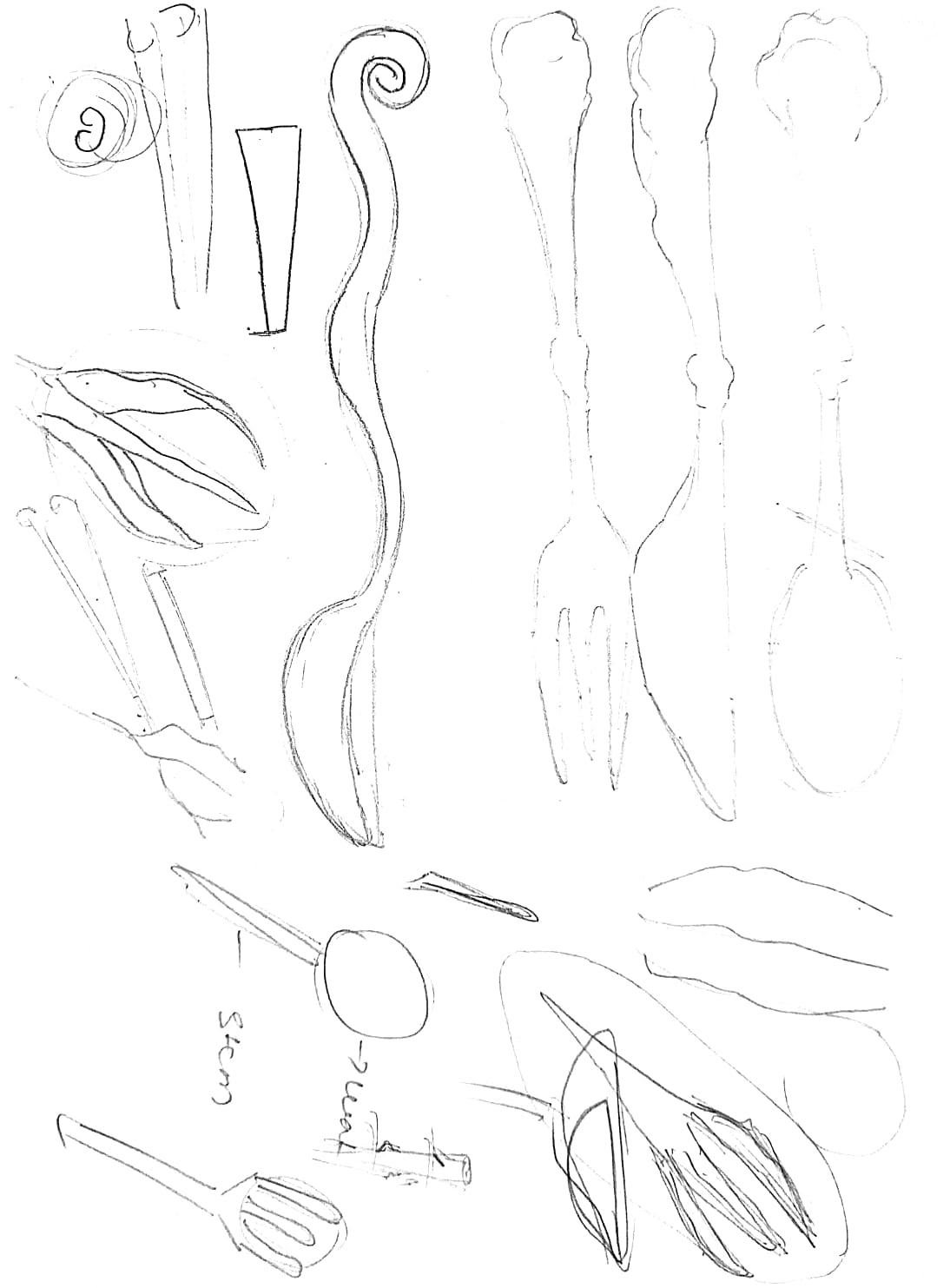 Pencil sketches of organic spoons and forks