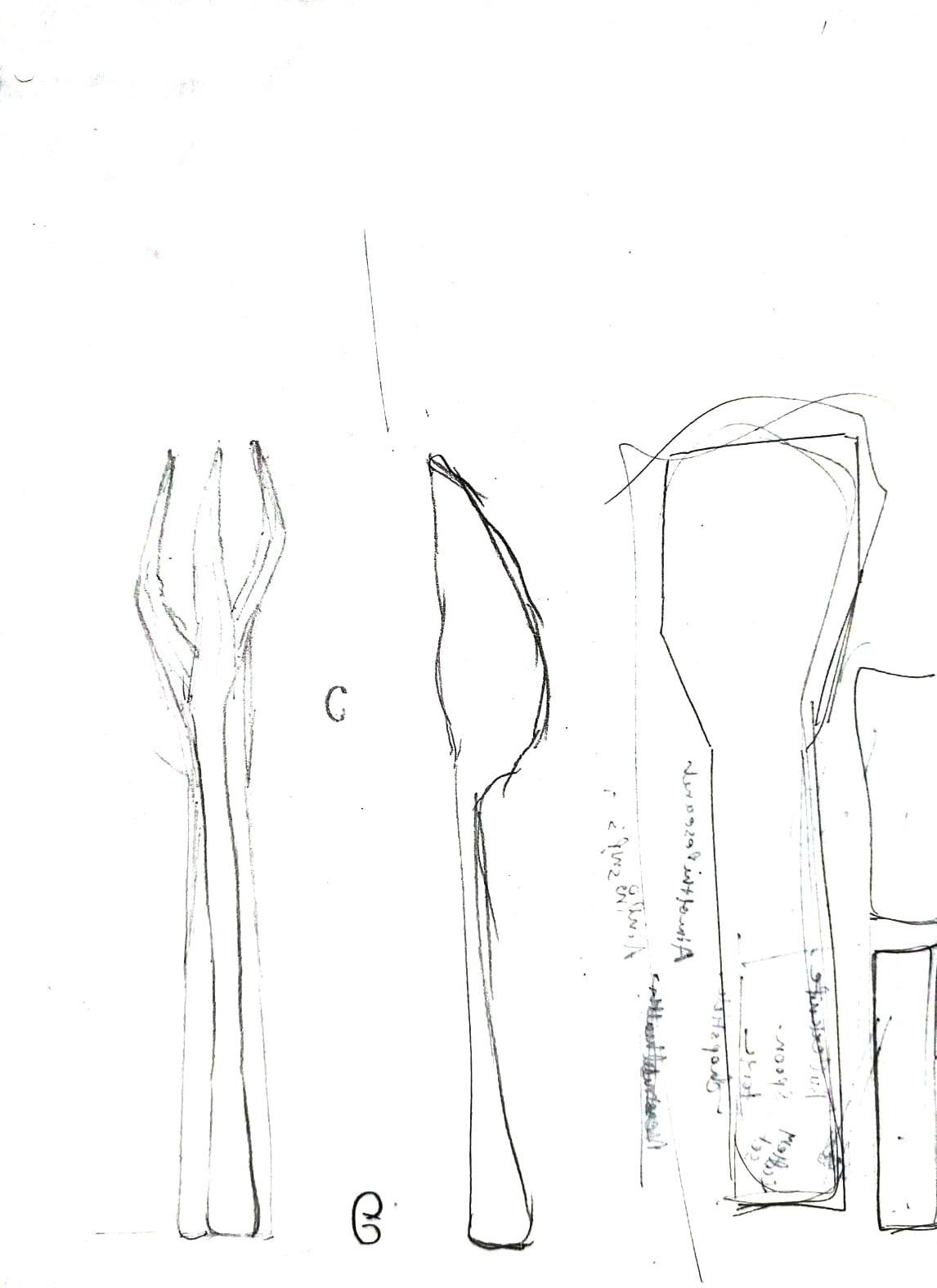 Pencil sketches of a fork, spoon and spatula outline