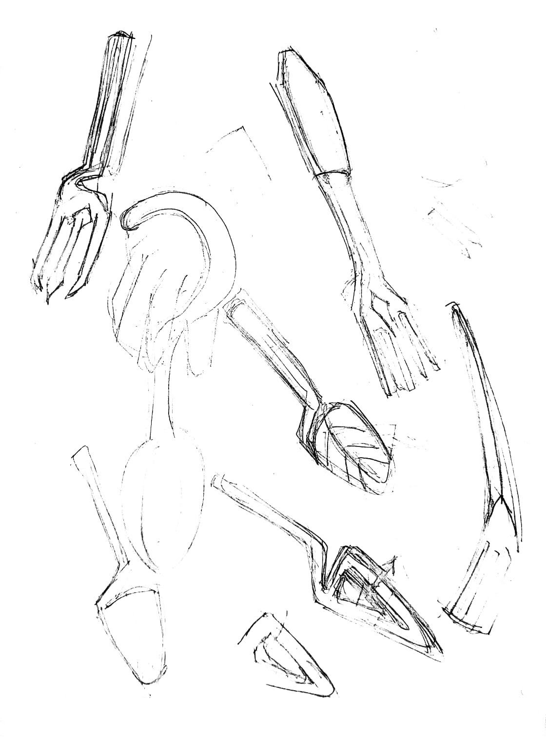 Pencil sketches of forks and spoons with leaf and branch forms