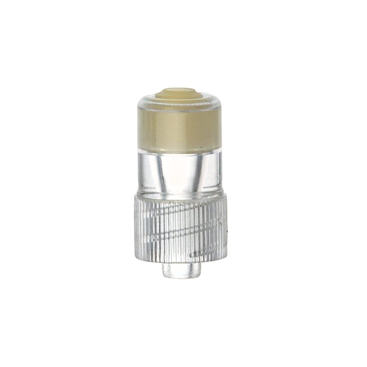 A clear vial with a gold cap