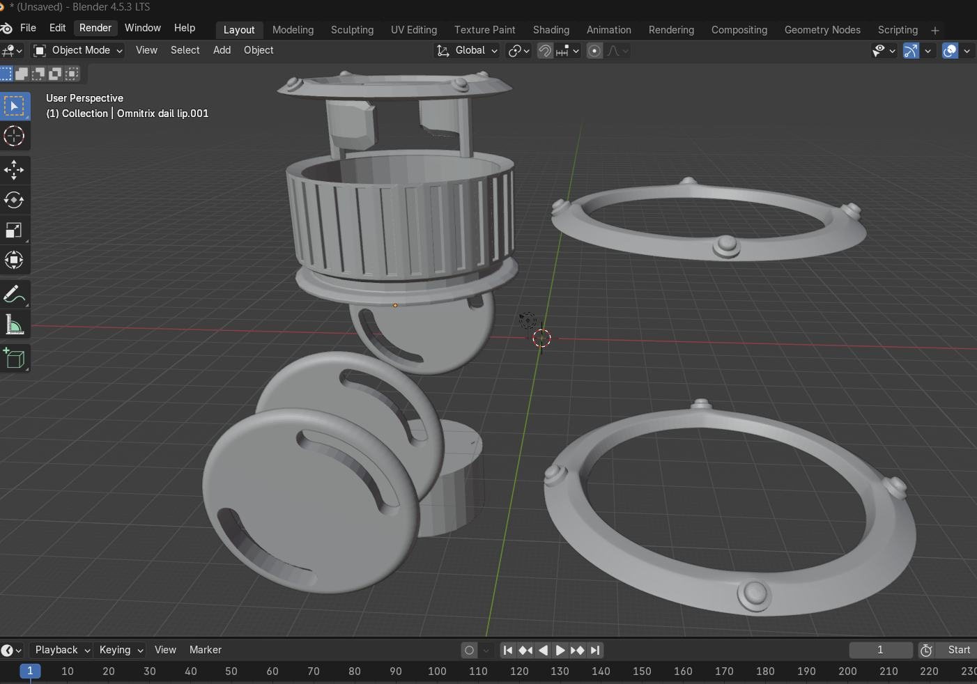 Blender view of the cap parts spread out: cap body, rings and base