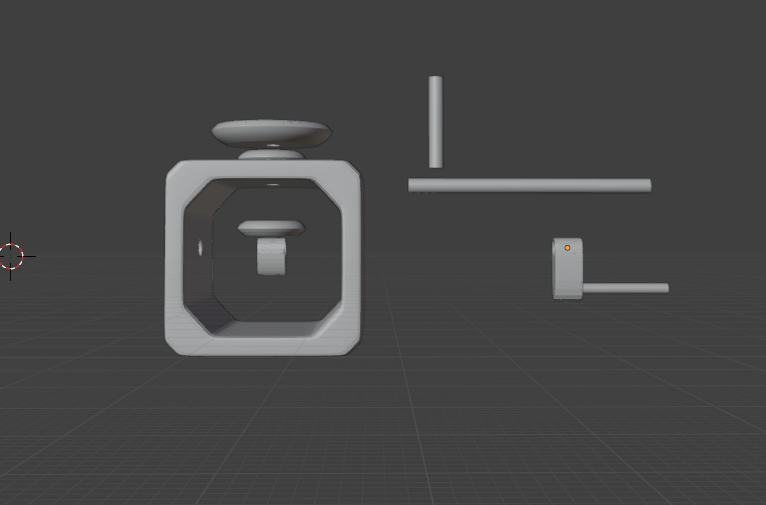 Blender render of the box frame with the shaft, handle and follower rod laid out beside it
