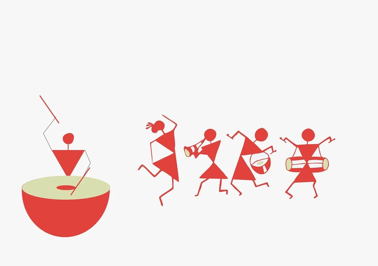 Red Worli-style figures made of triangles and circles, drumming and dancing beside a bowl