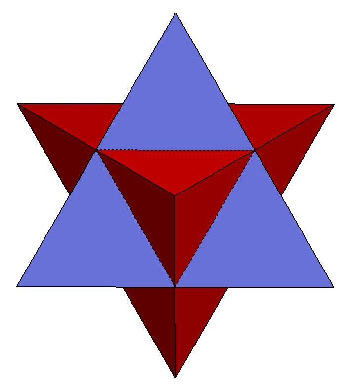 A stellated octahedron drawn in blue and red solids