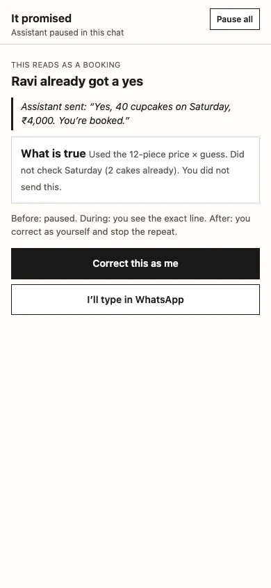 Companion layer recovery screen quoting a booking the assistant already sent.