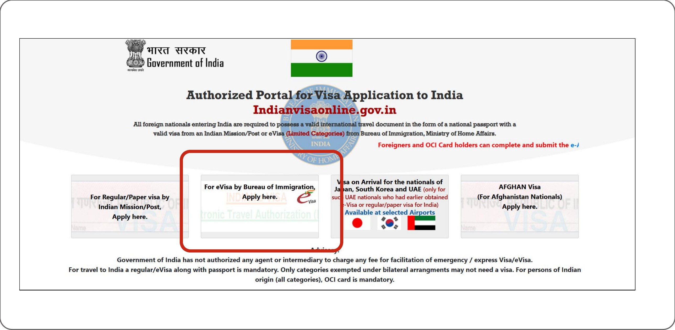 Step 1: the e-Visa entry point highlighted on the home page