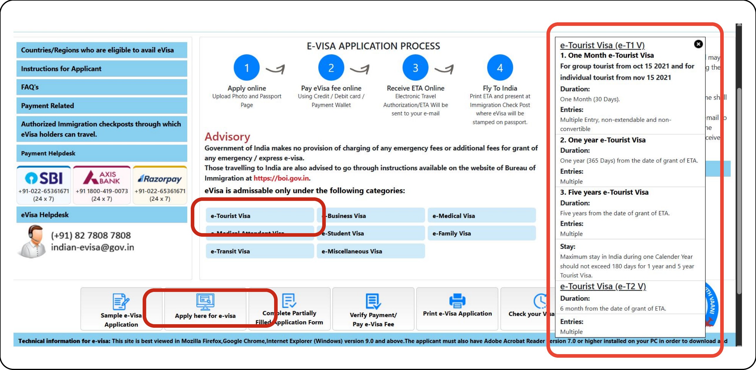The e-Visa instruction page with the CTA and e-Tourist Visa highlighted